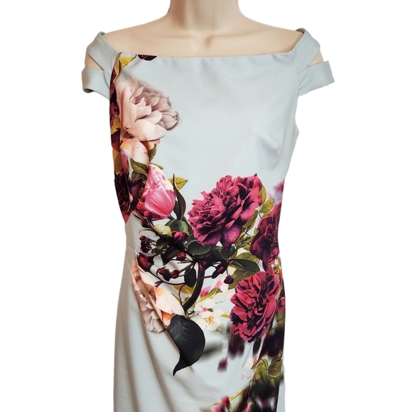Ignite Evenings Off The Shoulder Floral Cocktail Fitted Dress Aqua Multi-Color 8 - Picture 2 of 10